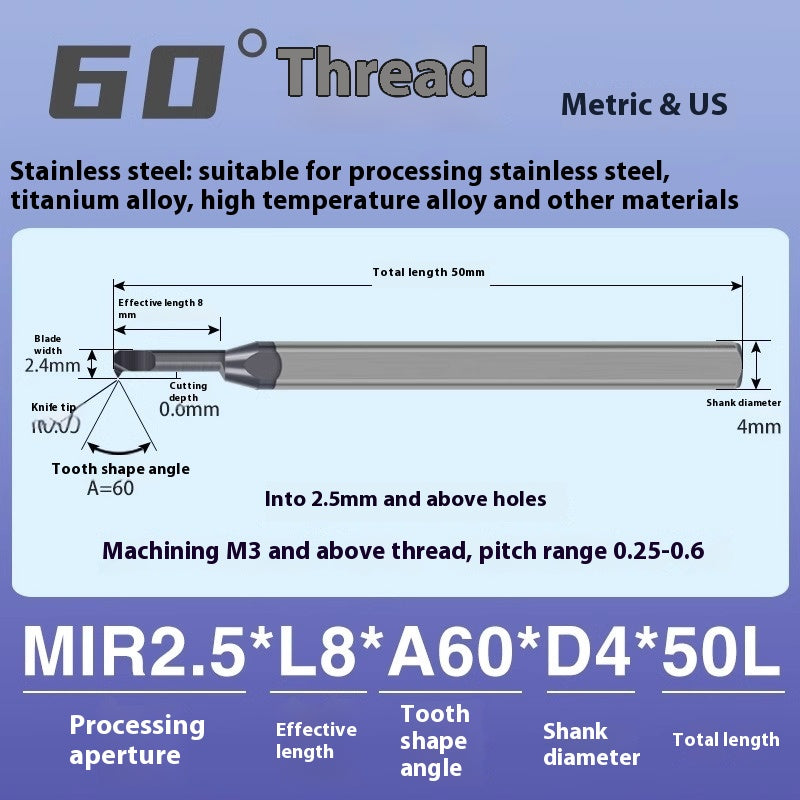 1124-MIR Integral Tungsten Carbide Inserts for Stainless Steel Small Bore Threaded Tools Small Threaded Turning Tools Shandong Denso Pricision Tools Co.,Ltd.
